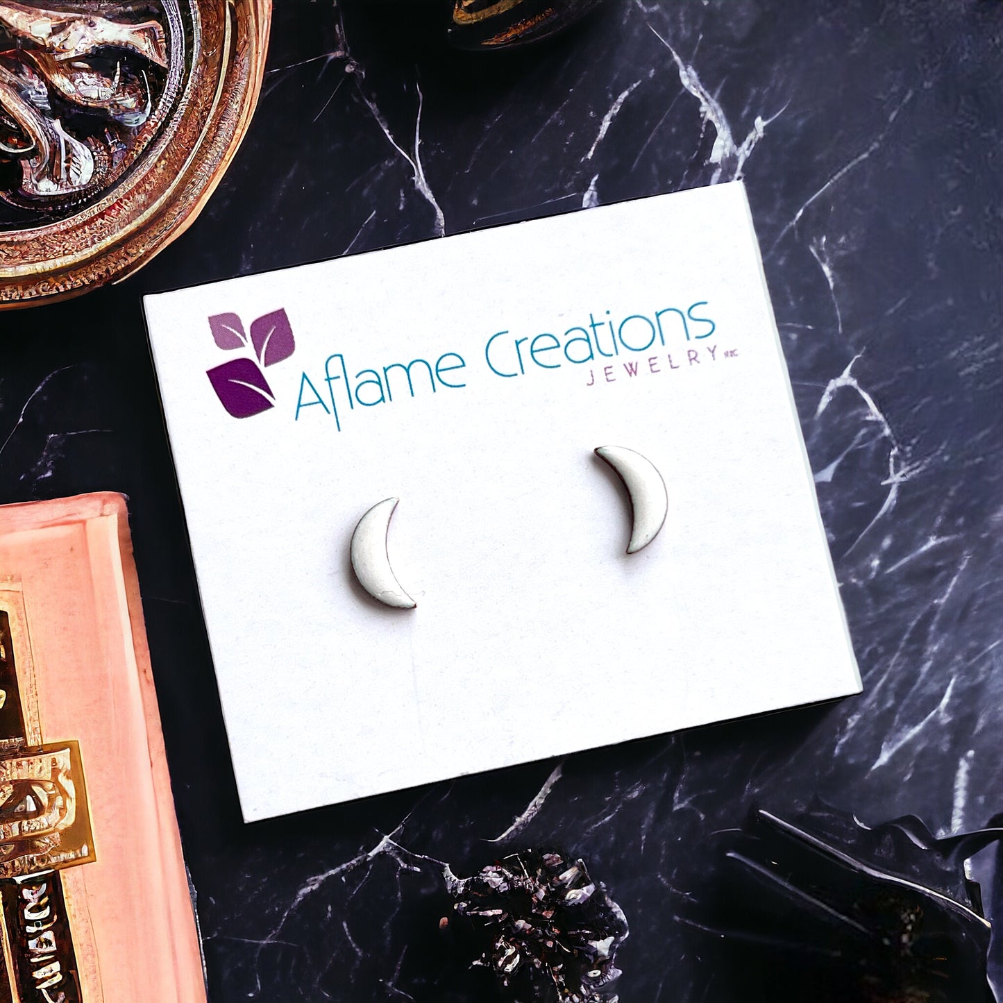 White Tiny Moon Stud Earrings
