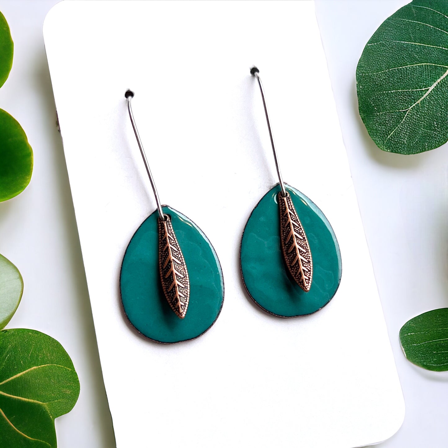 Teal Leaf Teardrop Earrings