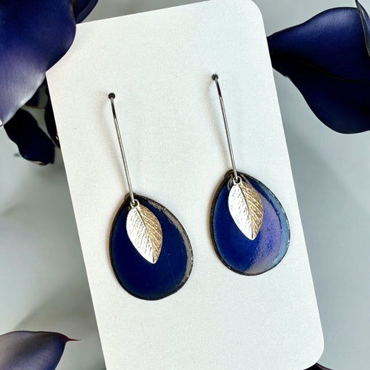 Prussian Blue Leaf Teardrop Earrings