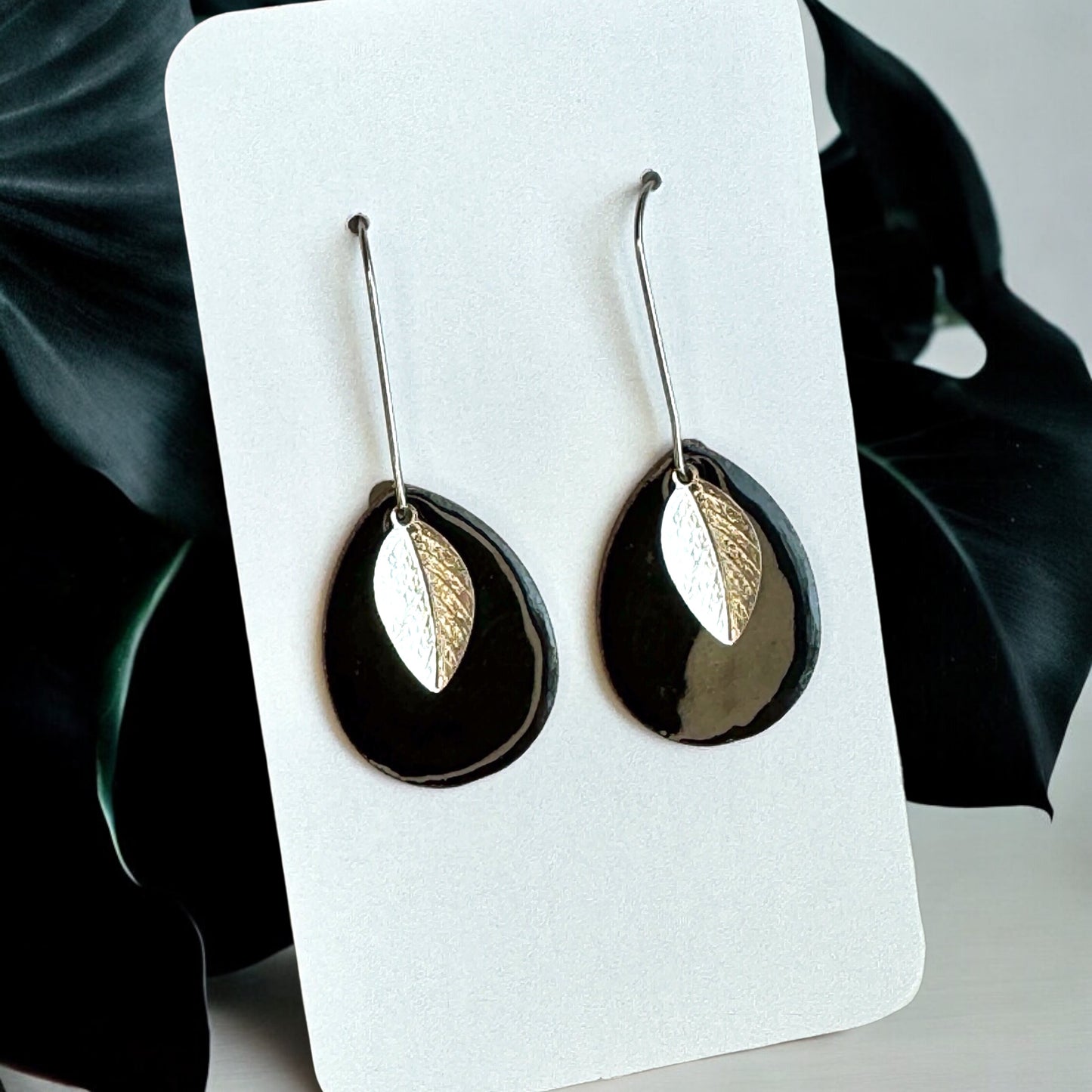 Black Leaf Teardrop Earrings