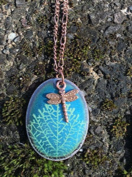 Leaf Vein & Dragonfly Necklace in Water Blue & Spring Green