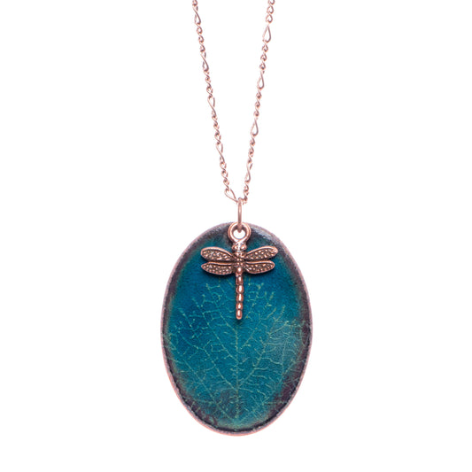 Leaf Vein & Dragonfly Necklace in Water Blue & Spring Green